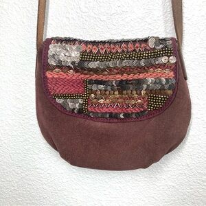 Lucky Brand Crossbody Mini Bag  Embellished Suede Cow Leather Burgundy 8x6" Boho